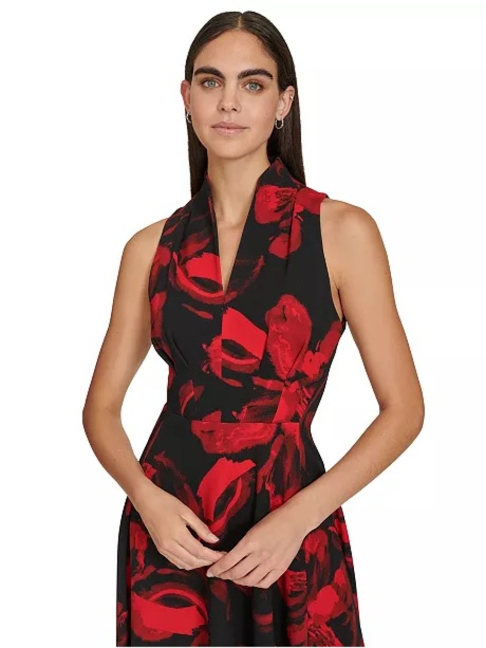 Calvin Klein Sleeveless Black Dress with Red Floral Print NWT - Picture 1 of 8